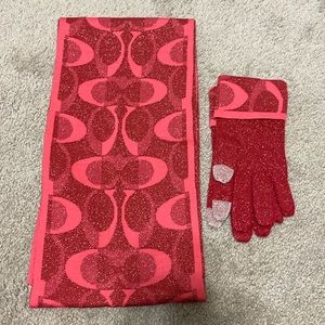 Red glitter Coach scarf and gloves matching set NEW